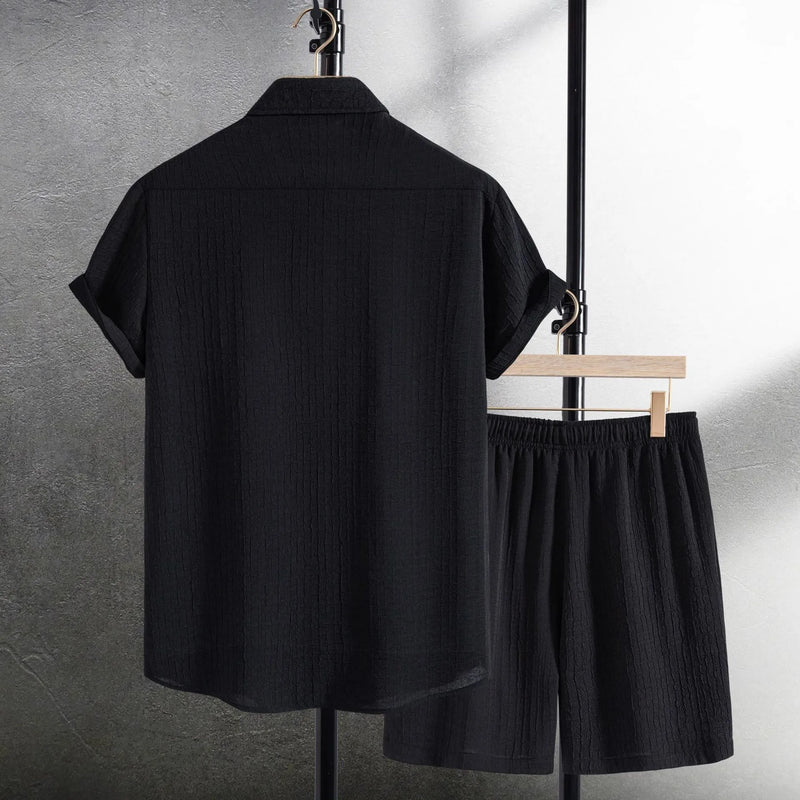 Men's casual fashion jacquard short sleeve shirt and shorts suit in cotton blend fabric with black or white colour options available in five sizes S M L XL XXL for leisure wear and summer outfits