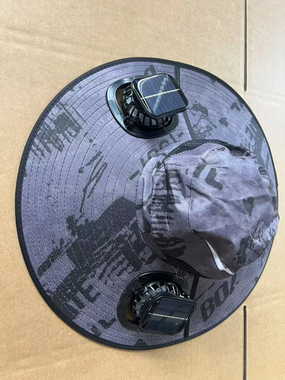 Men's grey solar-powered cooling cap with large eave and integrated fan for sun protection
