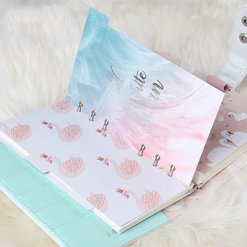 Set of six white A6 separator pages with colourful 'Swan handbook' design, showing front and back with index tabs.