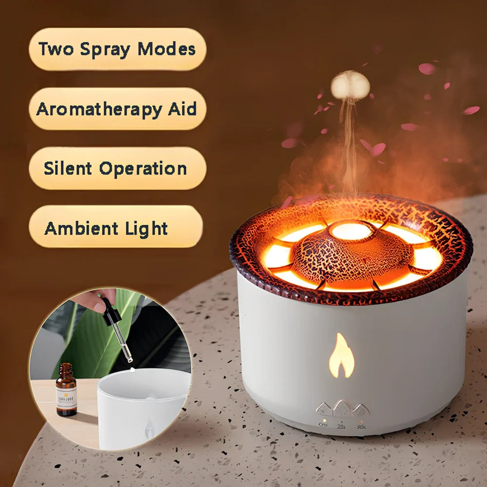 Black columnar ultrasonic humidifier producing jellyfish smoke rings with flame lighting effect