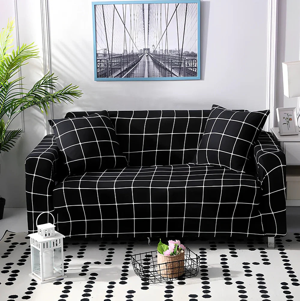 Elastic sofa cover on three-seat sofa showing stretch fabric fitting sofa length 190-230cm