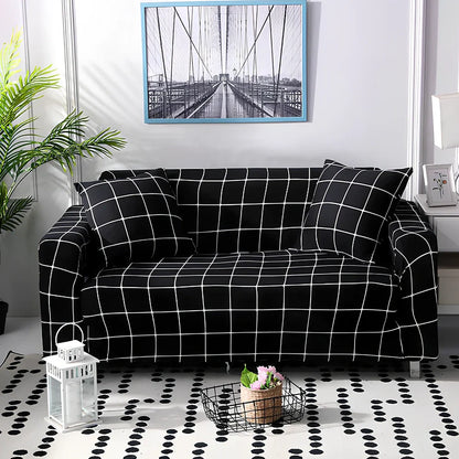 Elastic sofa cover on three-seat sofa showing stretch fabric fitting sofa length 190-230cm