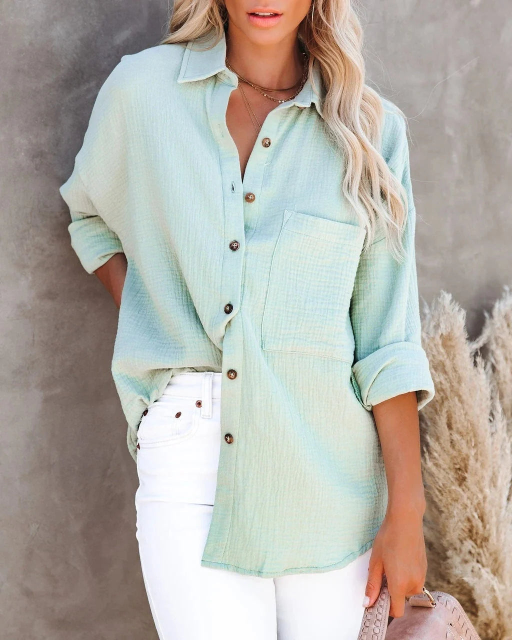 Women's long sleeve V-neck button shirt in cotton linen blend, available in multiple colors