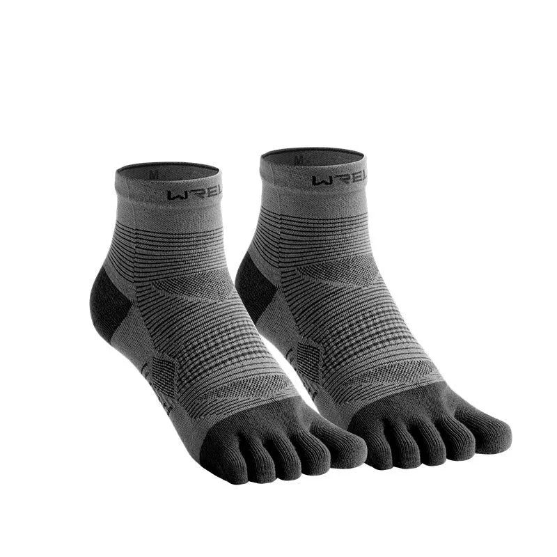 Men's and women's professional sports toe socks in Coolmax polyester nylon and spandex fabric for athletics, running, gym workouts in sizes S, M, L available in black and grey, white and grey, green, and blue colours