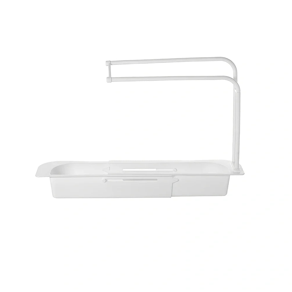 Blue telescopic sink rack holder with double-layer storage and drainage holes, mounted above kitchen sink