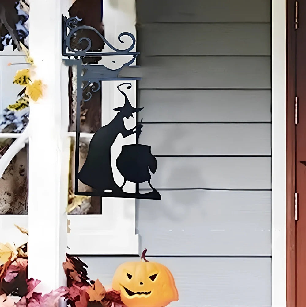 Halloween courtyard metal decorations with four silhouette designs including witch, cat, ghost, and broom measuring 26x18cm
