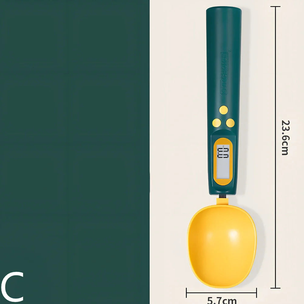 Digital kitchen spoon scale showing measurement display and USB charging port