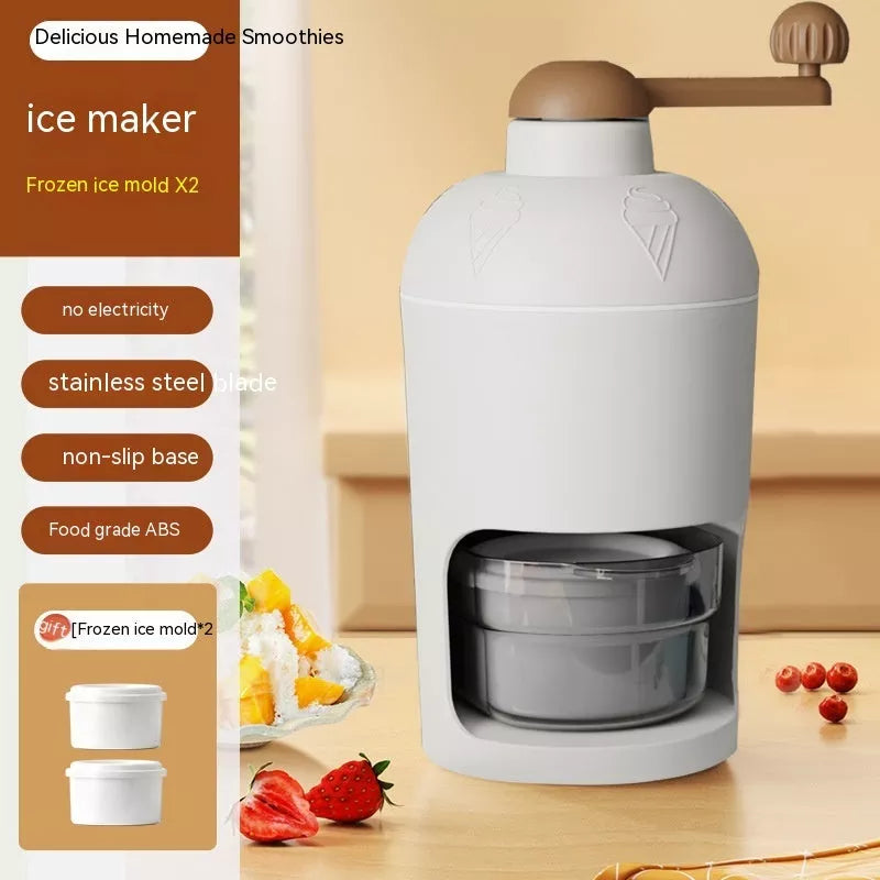 Manual ice crusher with stainless steel blades and white plastic body, compact and efficient for home or small stalls.