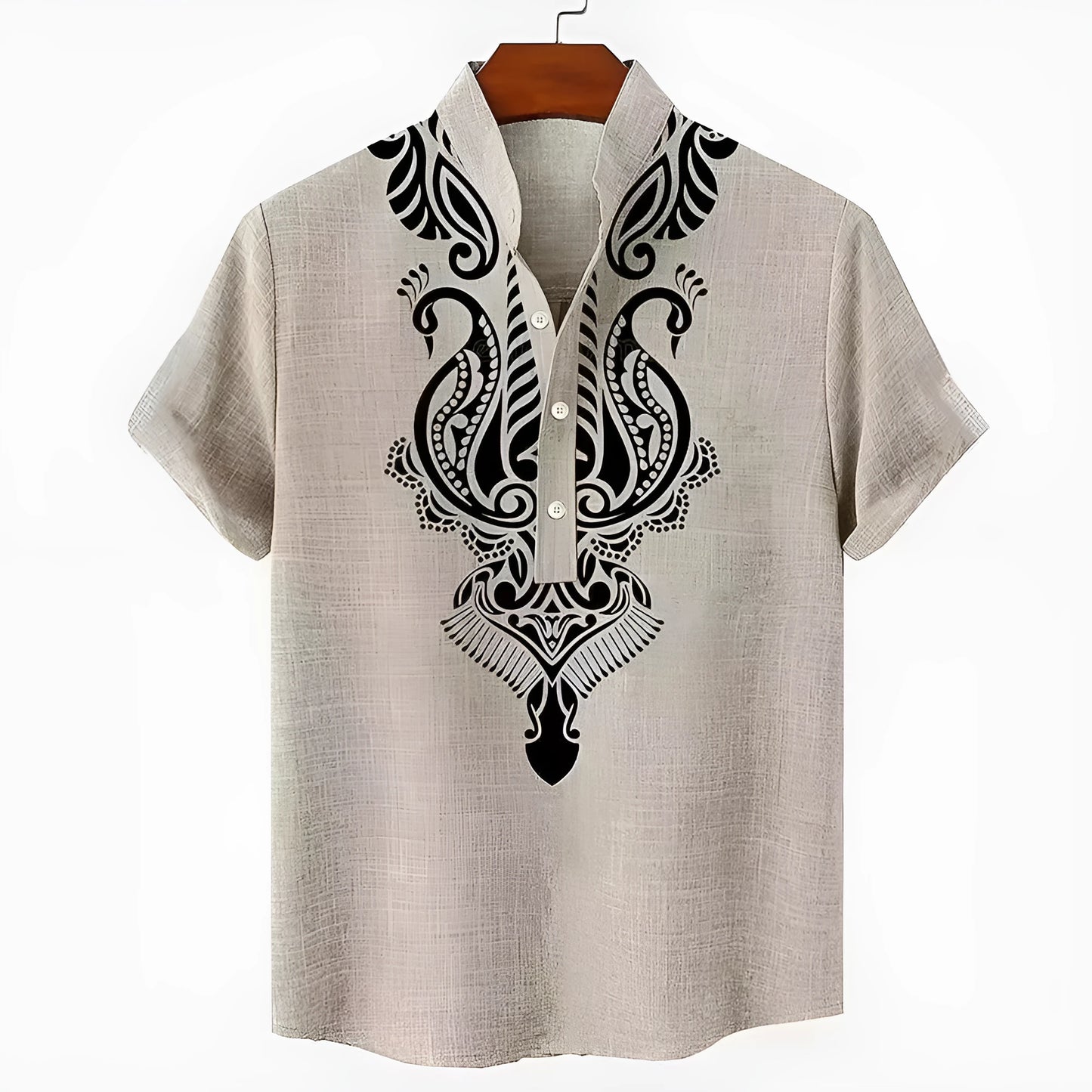 Men's striped casual linen shirt with personalised buttons showing loose fit and colour options