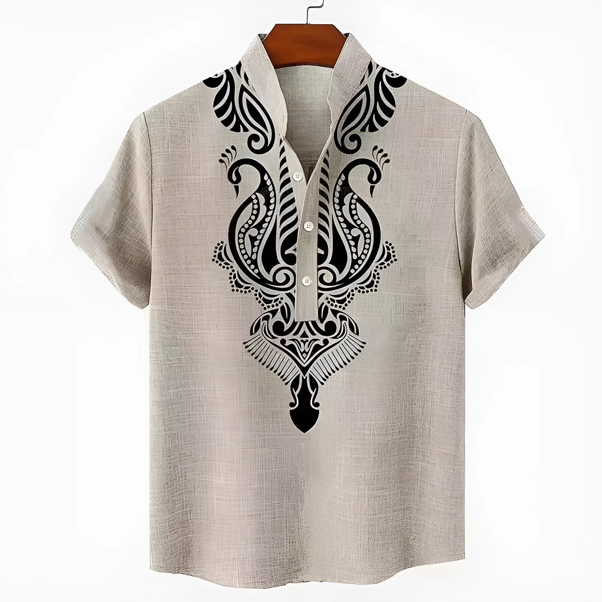 Men's striped casual linen shirt with personalised buttons showing loose fit and colour options