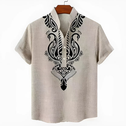 Men's striped casual linen shirt with personalised buttons showing loose fit and colour options