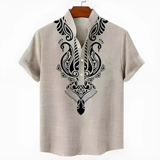Men's striped casual linen shirt with personalised buttons showing loose fit and colour options
