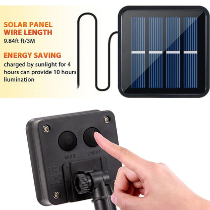 Compact 70x70mm solar LED strip with 90 lights in warm white, IP65 rated for garden paths