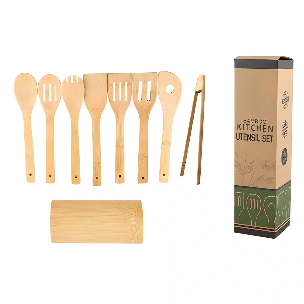 Bamboo spatula set with square bamboo holder containing various cooking utensils with ergonomic handles