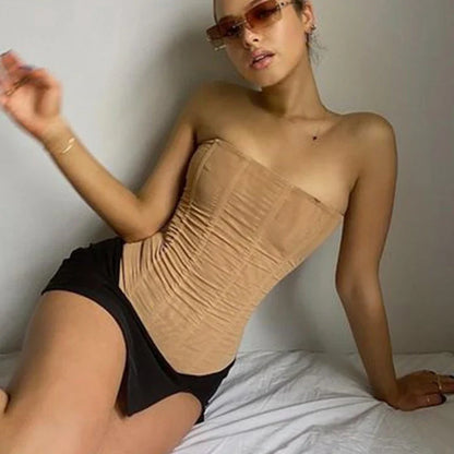 Sleeveless corset crop top for women in black, khaki, and white colors with unique mesh and corset design