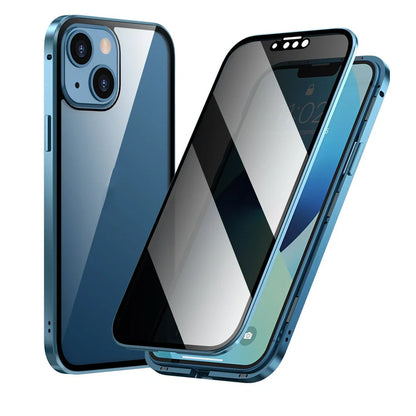 Fashion Personality Magneto Glass Metal Phone Case showing double-sided explosion-proof glass and metal frame for iPhone protection