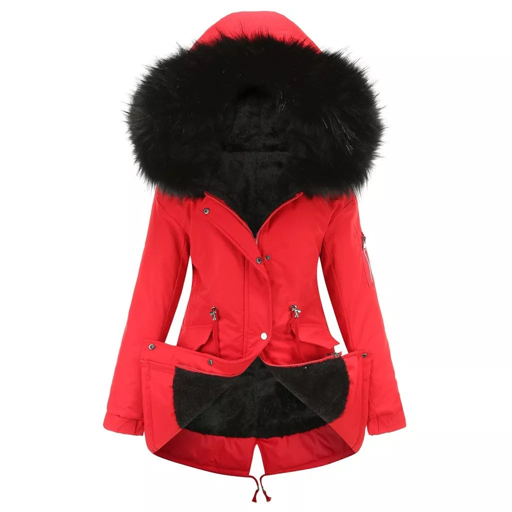 Mid-length hooded parka in various colors, ideal for cold weather protection
