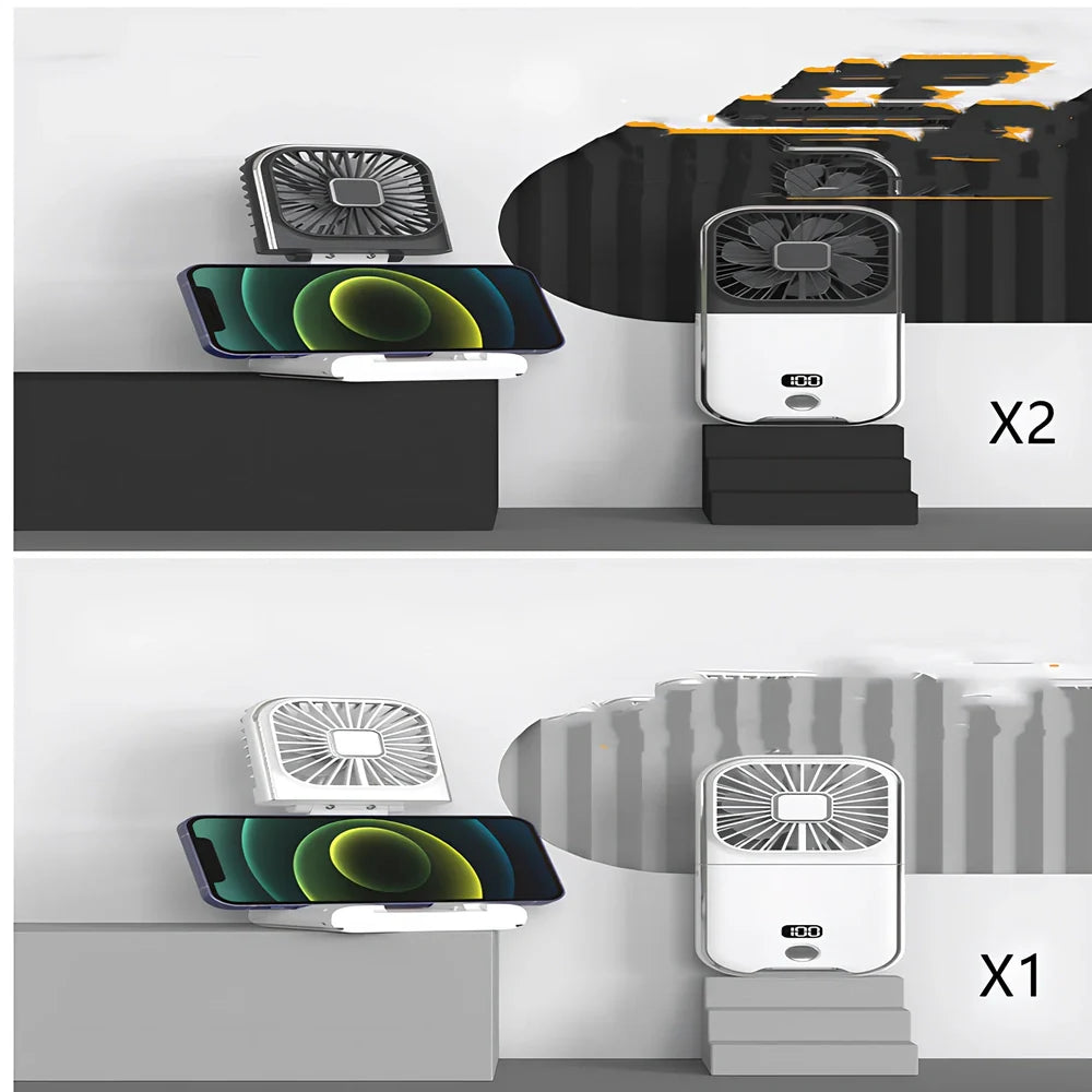 F30Pro folding portable handheld fan in white with digital display, 169x81x20mm size, USB charging, plastic blades for cooling