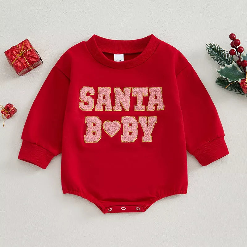 Christmas-themed cotton romper with letter embroidery for newborns and toddlers