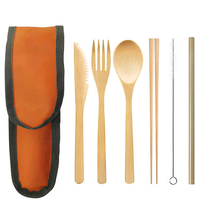 Bamboo cutlery set with 20cm utensils, stainless steel straw and cleaning brush in natural colour