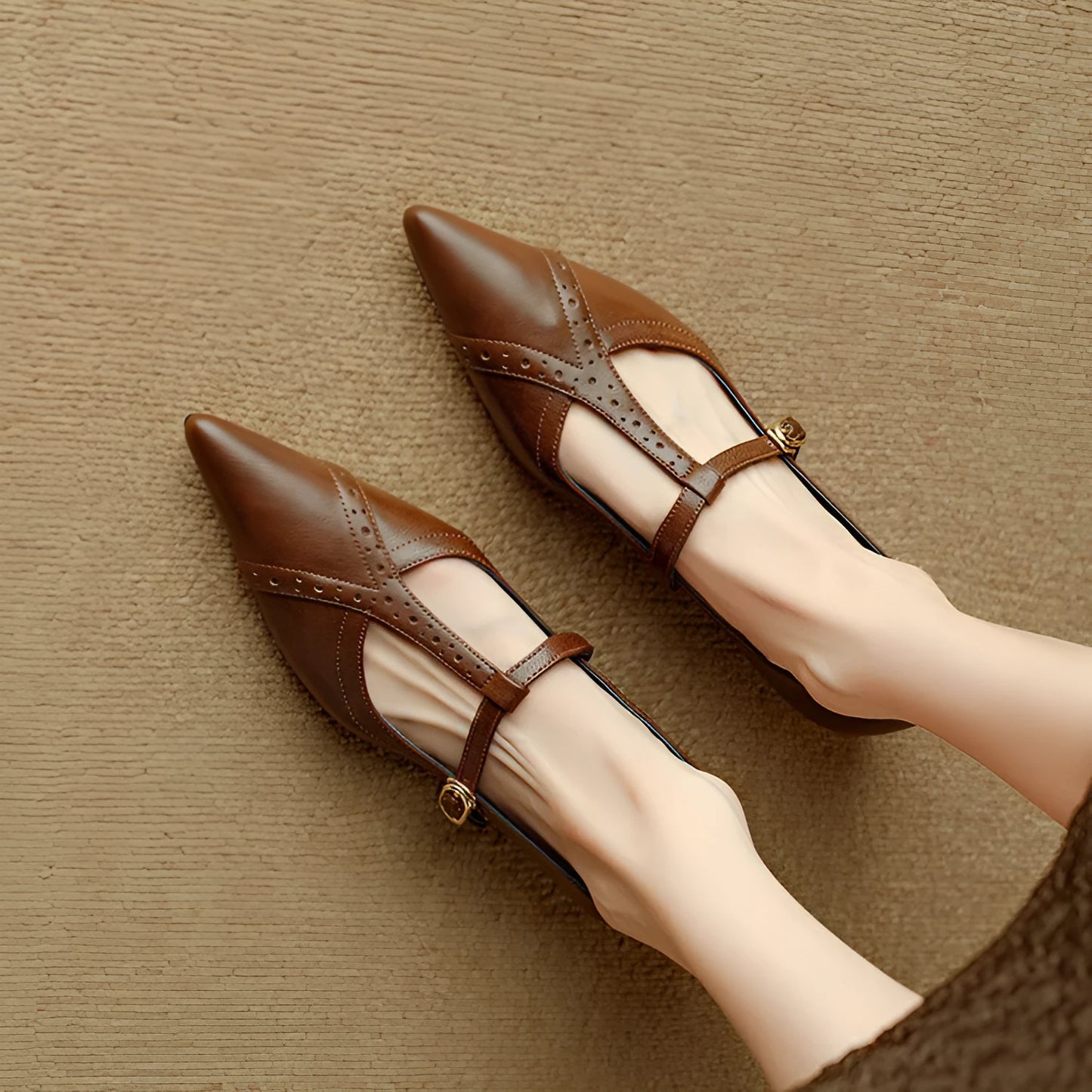 Brown pointed toe low-cut flat shoes for women with a soft sole and mid heel.