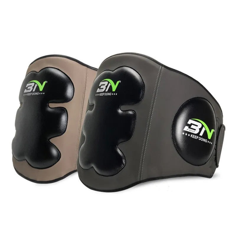 Dark grey Sanda boxing chest protection target with adjustable waist strap for martial arts training.