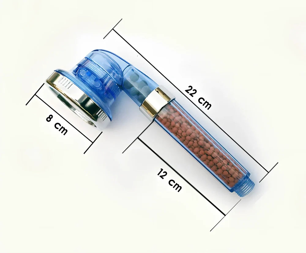 Pressurised shower head with stainless steel panel showing three water mode settings and removable nozzles