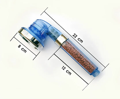 Pressurised shower head with stainless steel panel showing three water mode settings and removable nozzles