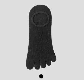 Pair of white five-finger ultra-thin modal boat socks laid flat, showing toe separation and non-slip heel detail.