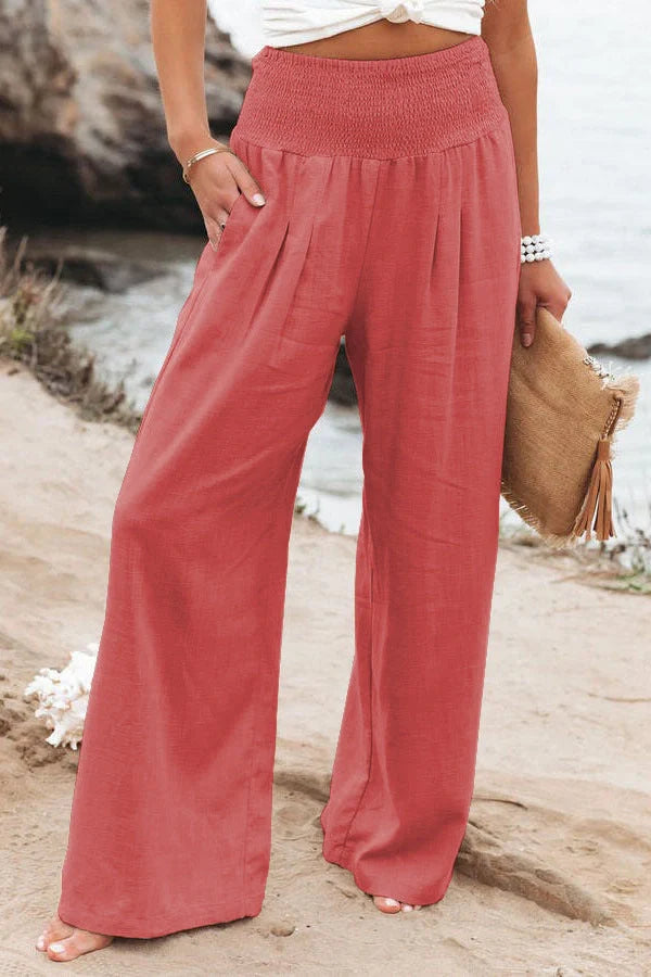 Women's wide leg casual pants in cotton linen blend, available in multiple colors