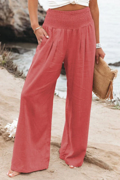 Women's wide leg casual pants in cotton linen blend, available in multiple colors