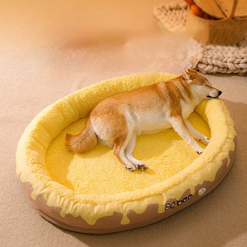 Grey detachable dog cat bed with thick velvet lining shown in S M L XL sizes