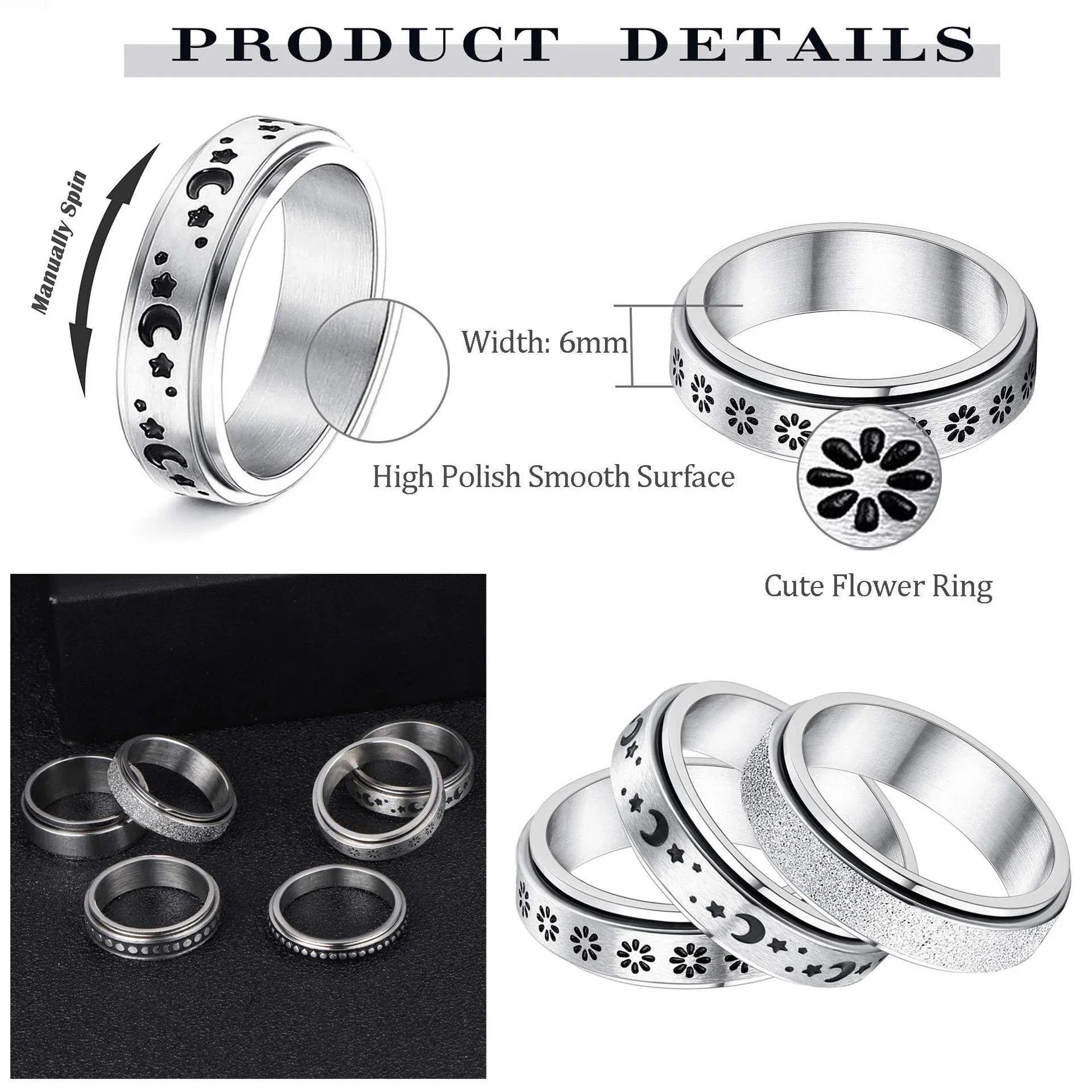 Stainless steel spinner ring with intricate moon and stars design