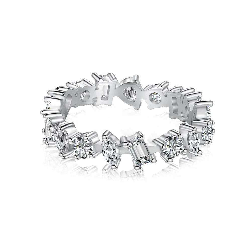 Sterling silver zircon rhinestone ring with adjustable open band in heart, wave, U-shape, drop and geometric designs