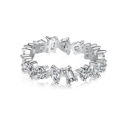 Sterling silver zircon rhinestone ring with adjustable open band in heart, wave, U-shape, drop and geometric designs