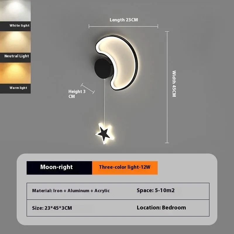 Black five-pointed star shaped children's wall lamp with a left-facing cloud design and touch control for three colour LED light.