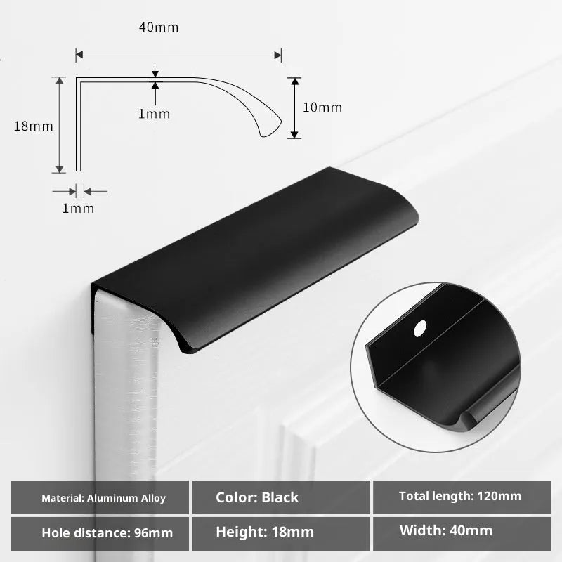 No-drill hidden cabinet handle in aluminium alloy, black or gold, long pull for wardrobe or kitchen door