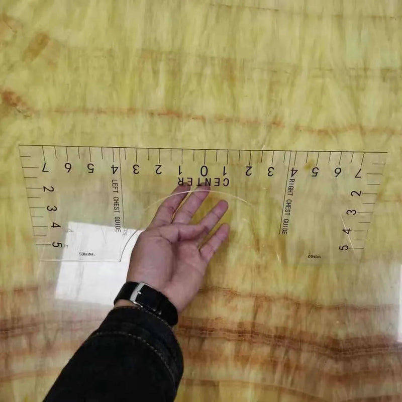 Acrylic sewing patch ruler T-shirt alignment fixer in transparent colour measuring 10x6 inches (25x15 cm) for precision garment patch placement and T-shirt repair with clear markings and lightweight 65g construction
