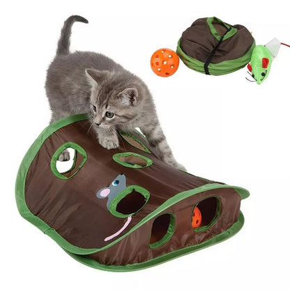 Interactive cat toy with nine holes for hide and seek games, includes ball and mouse