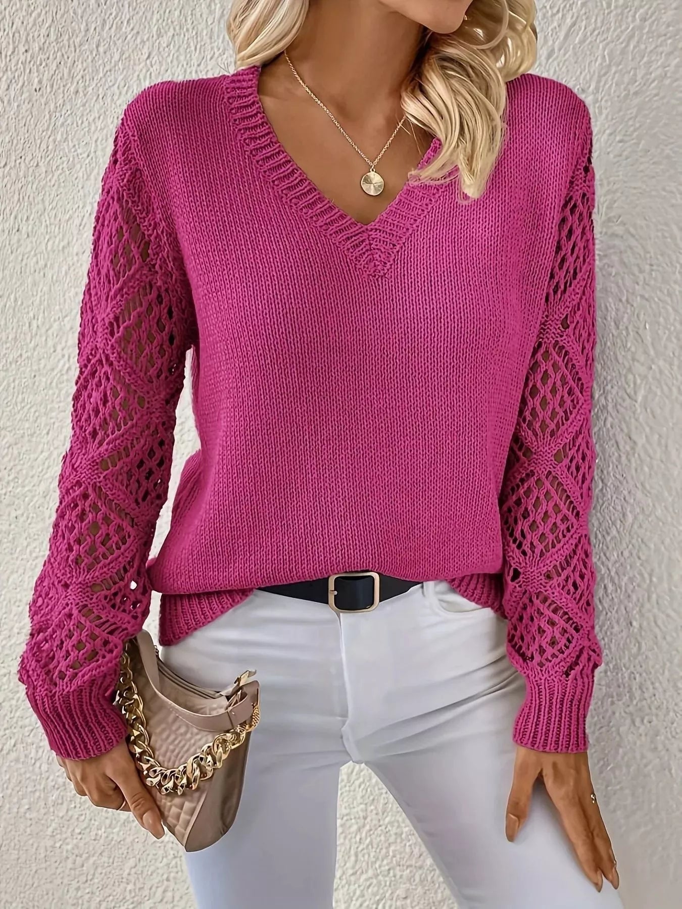 Women's acrylic V-neck pullover sweater in various colors