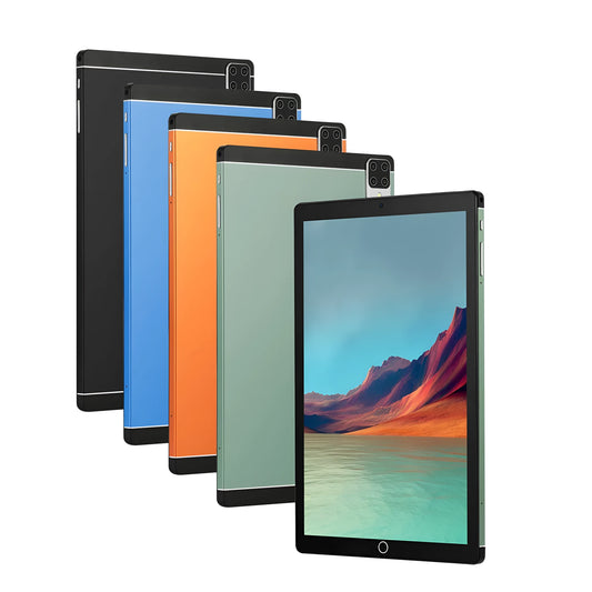 Android 15 tablet with 11.6-inch IPS screen shown in black, blue, green, and orange colour options.