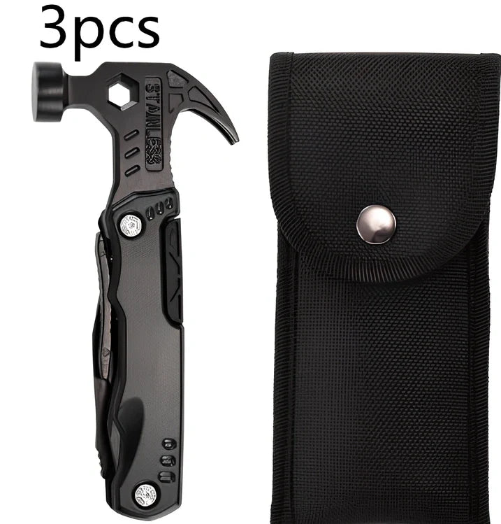 Black stainless steel folding hammer showing 168mm length with aluminium alloy handle in unfolded position