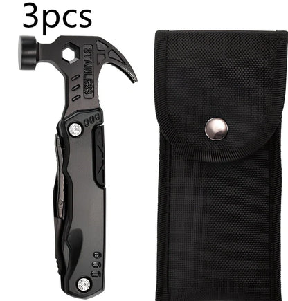 Black stainless steel folding hammer showing 168mm length with aluminium alloy handle in unfolded position