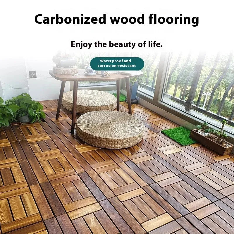 Camphor pine flooring tiles with brush wax oil finish, 30cm by 30cm dimensions, for indoor and outdoor use