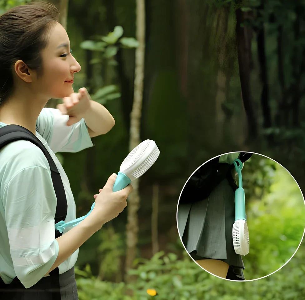 Mini USB hand fan with 200mm blades and LED light in blue, green, grey, or pink colours