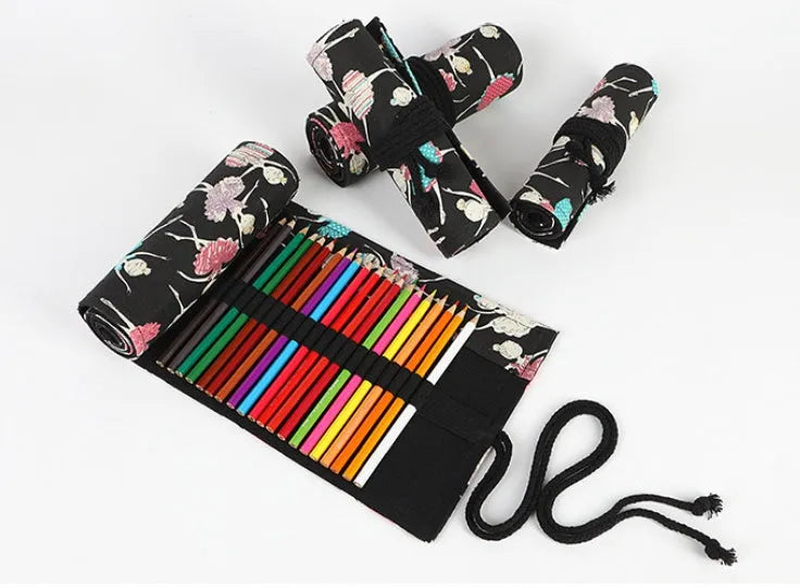 Canvas rolling pencil case with ballet girl print showing elastic loops for pencil storage
