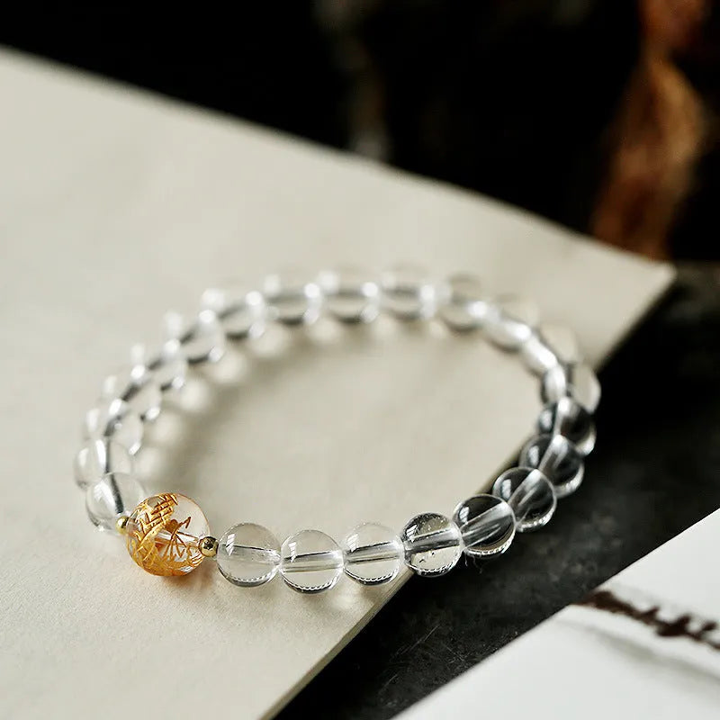 Geometric obsidian black agate white crystal bracelet with golden dragon charm on 14-16cm wrist