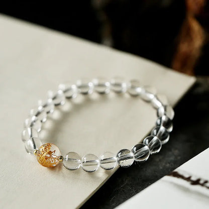 Geometric obsidian black agate white crystal bracelet with golden dragon charm on 14-16cm wrist