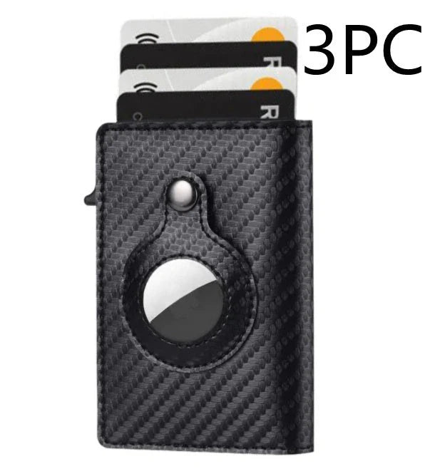 Slim leather wallet with built-in AirTag holder, featuring RFID-blocking technology and convenient card access
