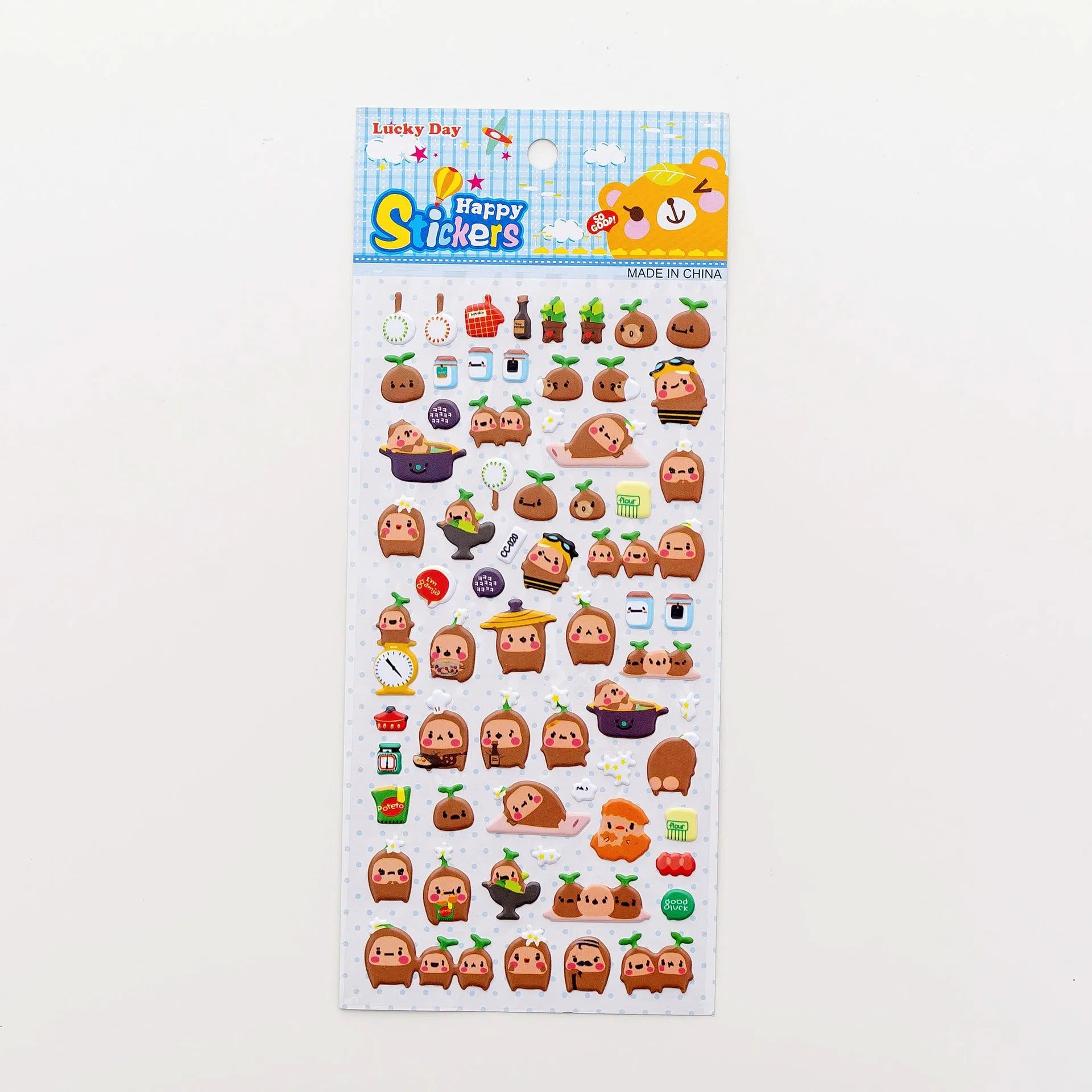 Cartoon three-dimensional bubble stickers showing colourful animal, food and pattern designs for decoration